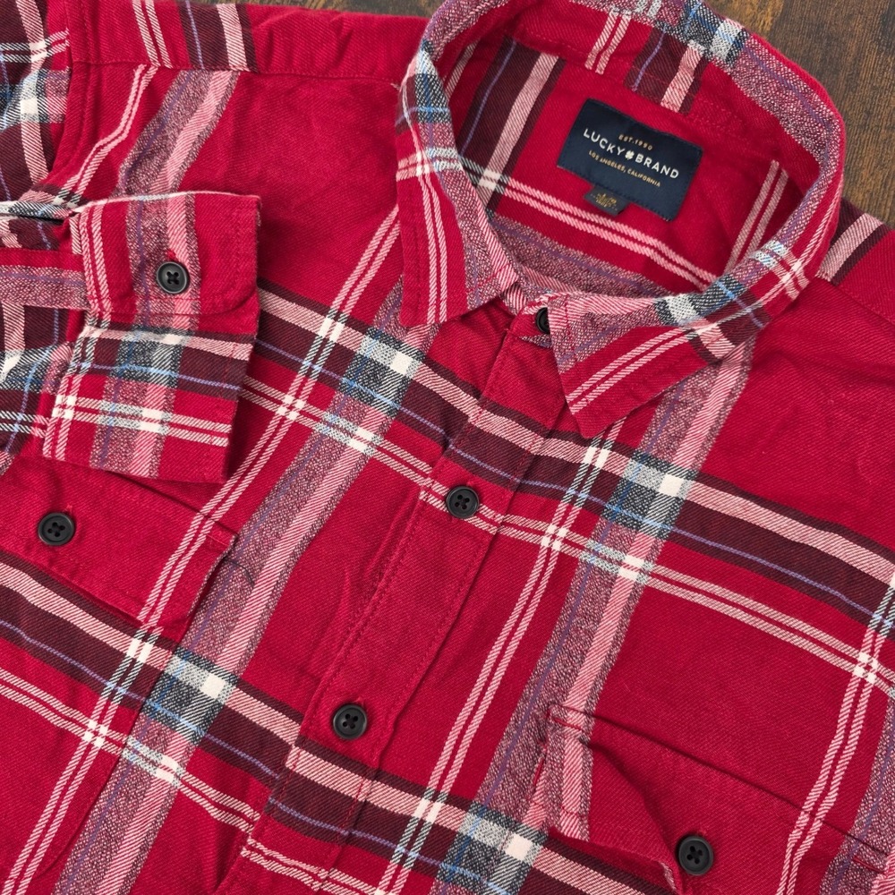 Lucky‎ Brand Mens L Red Plaid Lightweight Flannel Utility Work Shirt Long Sleeve